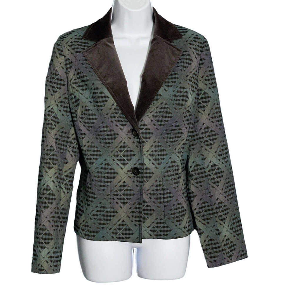 Doncaster Sport Blazer Jacket Retro City VTG Blue Green Brown Velour Collar Sz 8